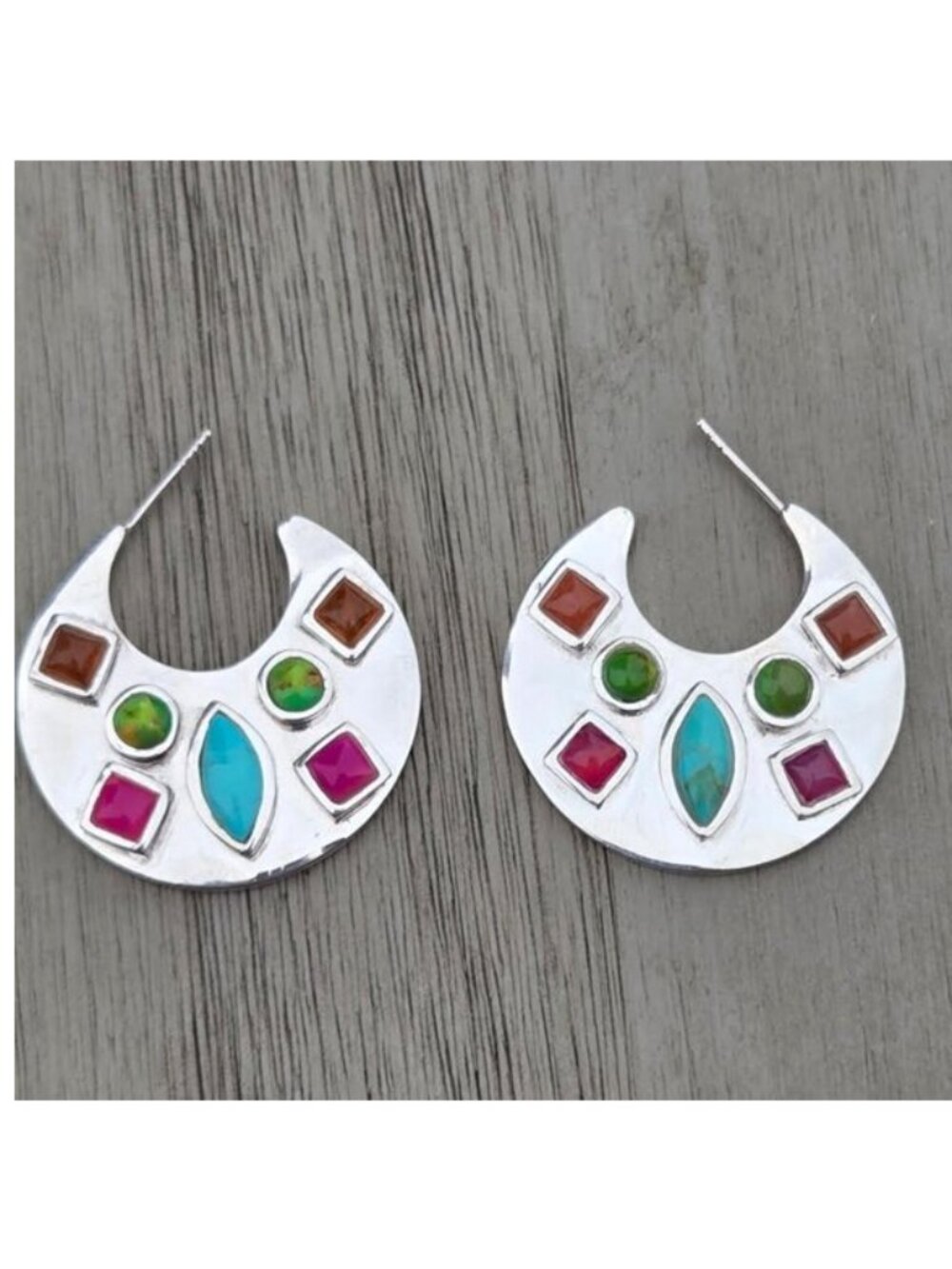 Vintage Signed Barse 925 Sterling Multi-Color Gemstone  Post Hoop Earrings